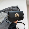 Retro black crossbody bag with woven texture, golden M logo, and detachable shoulder strap - Black