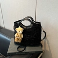 Chic black pleated faux fur bucket bag with a cute teddy bear charm and strap - With Pendant / Black