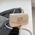 Beige woven crossbody bag with gold M buckle and adjustable shoulder strap for women - White