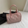 Roze Boston handtas met grijs M-monogrampatroon en gouden metalen ritsdetails - Roze