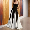 Detail of elegant black and white pleated maxi dress with slim fit spaghetti straps - 3XL / Black and White Patchwork Cami Style (28457)