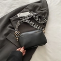 Chic black leather square crossbody bag with ethnic style black and white wide strap - Black