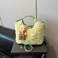 Pale green pleated bucket bag with bubble texture and cute teddy bear charm detail - With Pendant / Green