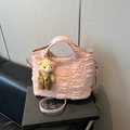 Pink pleated bucket bag with adjustable strap and a cute bear doll charm accessory - With Pendant / Pink