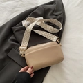 Fashion khaki crossbody camera bag with geometric woven wide shoulder strap on grey blazer - Khaki