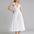 Elegant white halter neck pleated maxi dress with deep V-neck and flowing A-line silhouette - S / White