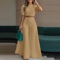 Elegantes khakifarbenes Set mit geknöpftem Crop-Top und Hose mit weitem Bein für Damen - S / Khaki