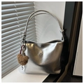 Close-up of silver tote bag with metallic bow buckle and cute brown bear plush charm - With Pendant / Silver (With Pendant)