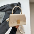 Beige and khaki patchwork handbag with woven flap and adjustable crossbody strap - White