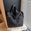 Retro large denim tote bag in dark grey with vintage frayed edges and multiple pockets - Black