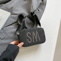 Chic black camera bag with studded SM letters and adjustable wide nylon strap - Black