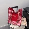 Borsa tote classica in tela a scacchi rossi con manici di perline e tasca frontale - Rosso