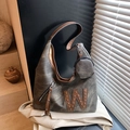 Grande borsa tote in tela grigio scuro con lettera W in pelle marrone e mini portamonete - Nero