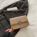 Beige crossbody chain bag with woven texture and vintage silver metal lock detail - Khaki