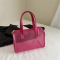 Tragbare rosarote Kosmetiktasche aus Netzstoff mit Lederbesatz und Goldreißverschluss - Rosenrosa