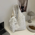 White floral lace embroidered tote bag with a large decorative bow for daily use - With Pendant / White (With Charm)