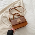 Brown crocodile embossed handbag with gold M-letter buckle and adjustable strap - Brown