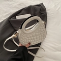 White semi-circular PU leather handbag with embossed grid texture and golden hardware - White