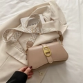 Beige faux leather square crossbody bag with wide black and white geometric pattern strap - Khaki