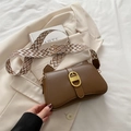 Classic dark brown crossbody bag with wide geometric strap and golden metal buckle - Brown