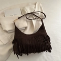 Bolso bandolera de ante marrón oscuro con flecos bohemios y herrajes dorados - Marrón