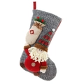 Knitted grey Christmas stocking with 3D Santa Claus figure and red hanging loop - Santa Claus