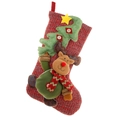 Red knitted Christmas stocking with 3D reindeer and green tree detail for holiday gifts - Elk Style