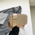 Beige woven crossbody bag with silver studs and adjustable wide shoulder strap - Gold