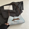 Borsa baguette a quadretti blu e rosa con fiocco in pelle marrone e tracolla - Blu