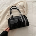 Sac polochon chic en cuir PU noir avec nœuds en dentelle blanche et doubles poches - Noir