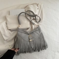 Gray faux suede crossbody bag with fringe tassels and gold-tone metal hardware - Gray