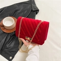 Elegant red velvet crossbody chain bag with V-shaped quilting and gold metal lock - Red