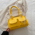Yellow PU leather pillow bag with twin front pockets and a white lace bow detail - Yellow