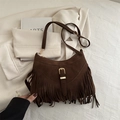 Vintage dark brown fringe crossbody bag with matte texture and gold hardware - Dark Brown