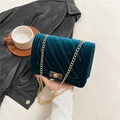 Peacock green velvet crossbody bag with V-shaped quilting and gold chain strap - Green