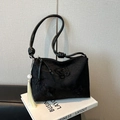 Black jacquard shoulder bag featuring 3D butterfly embroidery and yellow tassel charm - With Pendant / Black