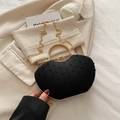 Elegante pochette a cuore nera con manico dorato e trama in velluto a pois - Nero