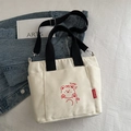 Cream canvas tote bag with red bear print and adjustable black shoulder strap - Black without Pendant