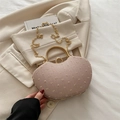 French vintage saddle bag in soft apricot textured fabric with golden ring handle - Pink