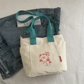 Off-white canvas tote with green straps and red cartoon bear print for casual wear - Green Without Pendant