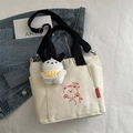 Cream canvas tote bag with cute bear print, black wide strap and plush pendant - Black With Pendant