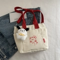 Beige canvas tote bag with red handles and cute bear graphic for summer daily use - Red with Pendant