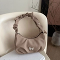 Brown twill crescent shoulder bag with silver butterfly charm and ruched strap - Khaki