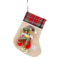 Weihnachtsstrumpf aus Jute mit 3D-Schneemann, rotem Karomuster und Goldglöckchen - Schneemann / Beige