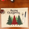 Linen Christmas placemat with Merry Christmas print and red buffalo plaid trees - Christmas Tree