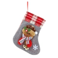 Grauer Weihnachtsstrumpf aus Leinen mit 3D-Rentier, Glocken und rot-weißem Karomuster - Elch-Stil / Grau