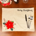 Linen Christmas placemat with red poinsettia and Merry Christmas print in beige - Poinsettia Style