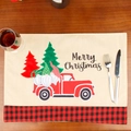 Christmas placemat with red truck and gnomes design on a rustic wooden table texture - Car Style