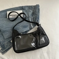 Minimalist black PU leather crescent crossbody bag with clear PVC front pocket and bow - No Pendant / Black