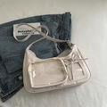 Chic cream white leather shoulder bag featuring transparent pockets and bow detail - No Pendant / Off White